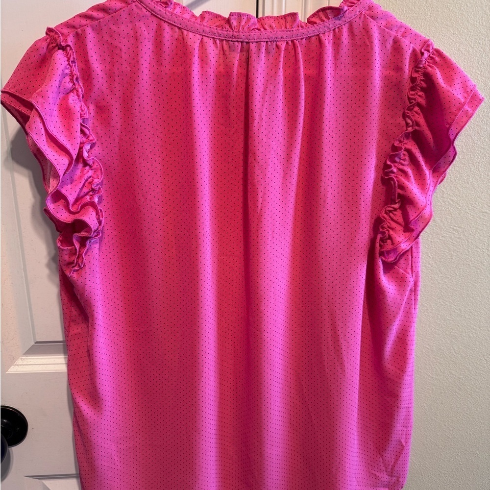 Tamara H Pink Black Dot Blouse Ruffle Cap Sleeve Neck Tie shirt Sz XL - Picture 6 of 11
